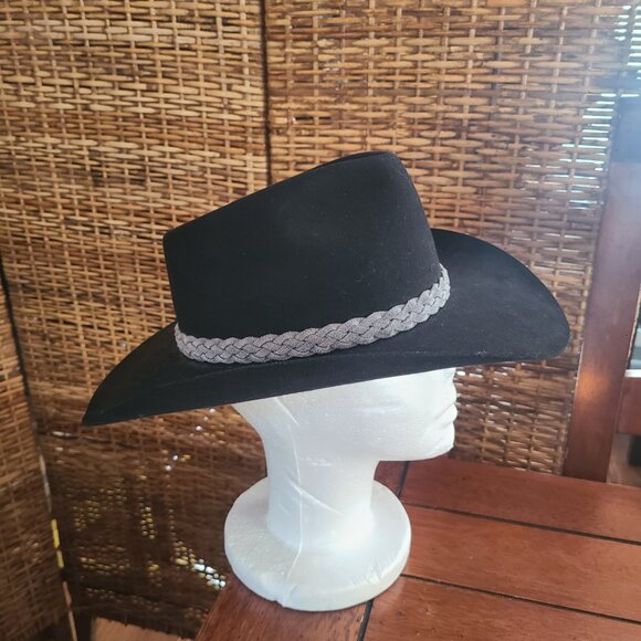 Akubra Black Snowy River Fur Felt Australian Hat 56 Never Worn Grey Hatband - Picture 2 of 13